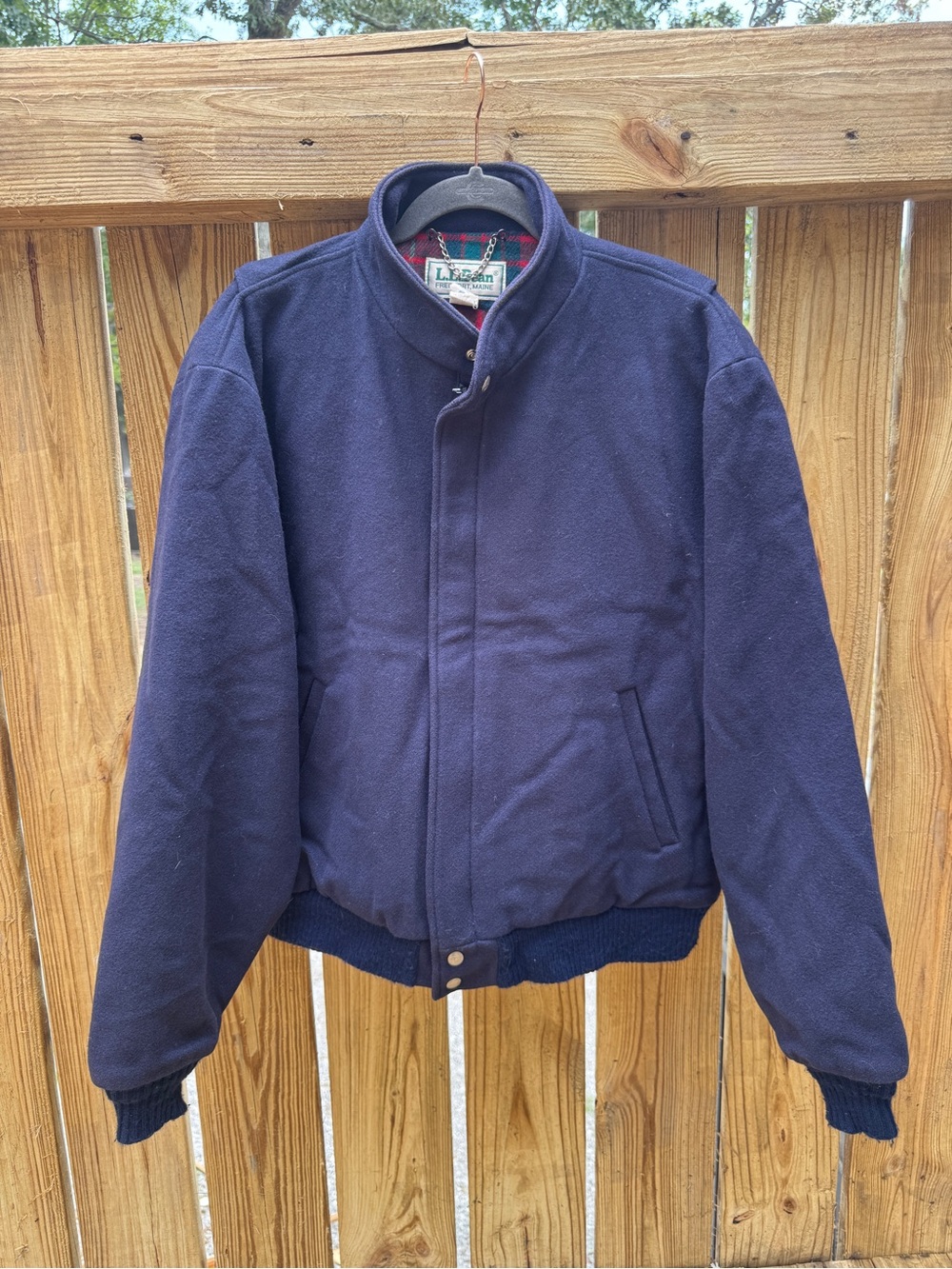 Rare!!!  L.L. Bean Vintage Navy Wool Bomber Jacket w Plaid Wool Lining